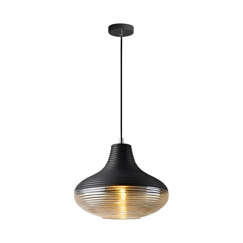 Modern industrial kitchen lamp with ribbed glass shade, wood accents, and metal ceiling fixture in Style C.