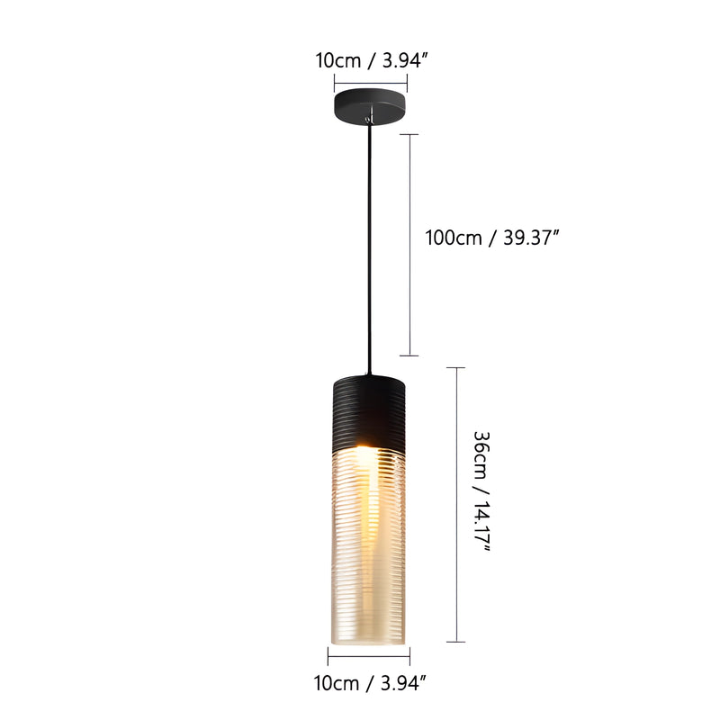 Designer ribbed glass pendant light with modern industrial design hanging over a kitchen counter.