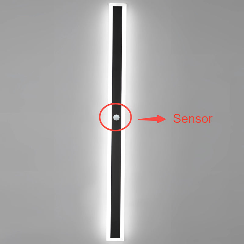 Minimalist LED wall sconce with a sleek vertical rectangular design, featuring a symmetrical electric blue light, mounted on a dark background.