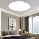 Minimalist round LED ceiling light in white with a slim, flush mount design, featuring a three-color changeable option controlled by a switch, 37cm in diameter.