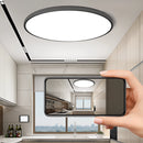 Minimalist round LED ceiling light, flush mount, slim and energy-efficient, illuminating a modern interior space.