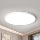 Minimalist round LED ceiling light with slim, flush mount design, featuring an energy-efficient fixture with a neutral shade, perfect for modern interiors.