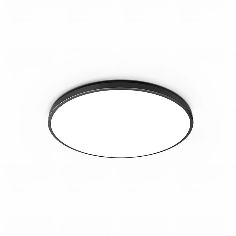 Minimalist round LED ceiling light, flush mount, slim, energy-efficient, with a sleek metal rim and circular design.