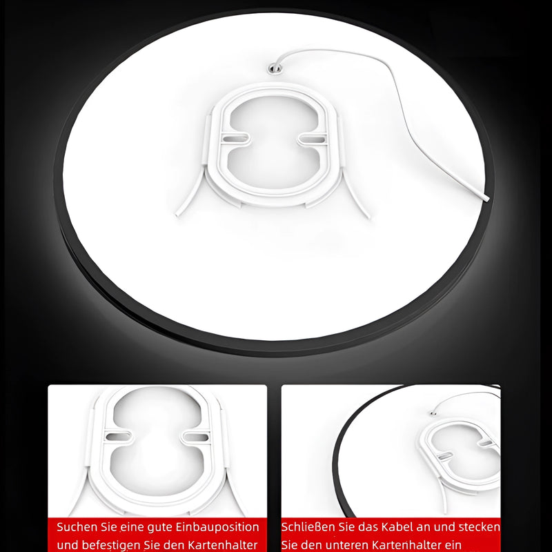 Minimalist round LED ceiling light, flush mount, slim design, energy-efficient, white color, installed on a ceiling.