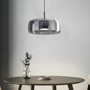 Elegant smoke grey modern glass pendant light with brass accents, 35CM, dimmable, hanging from ceiling.