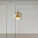 Modern glass pendant light with brass accents, amber shade, dimmable, 25cm size, elegant ceiling fixture.