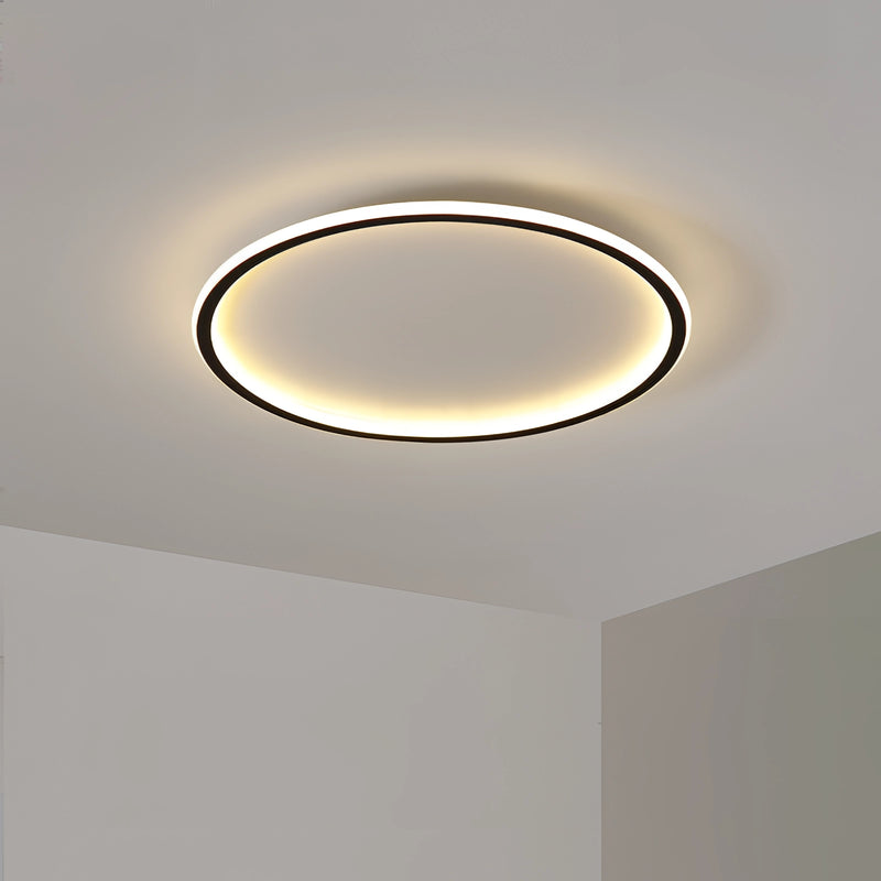 Modern LED ceiling light with a minimalist circular design, flush mounted on the ceiling, made of composite material and metal, emitting a neutral tint, energy-efficient.