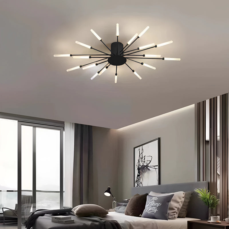 Modern starburst wall art sculpture in black and gold metal with mid-century design, mounted on a wall, featuring an 18W dimmable diffuser.