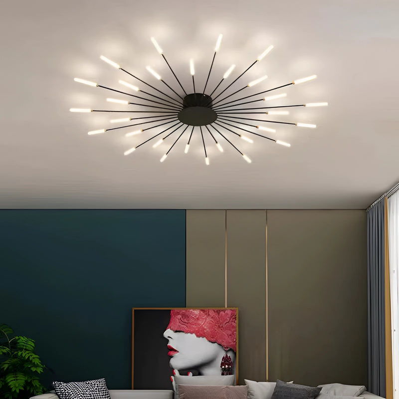 Modern Starburst Wall Art - Mid-Century Black Gold Metal Sculpture mounted on a white interior wall with a 30W dimmable black diffuser, surrounded by minimalistic decor and a plant.