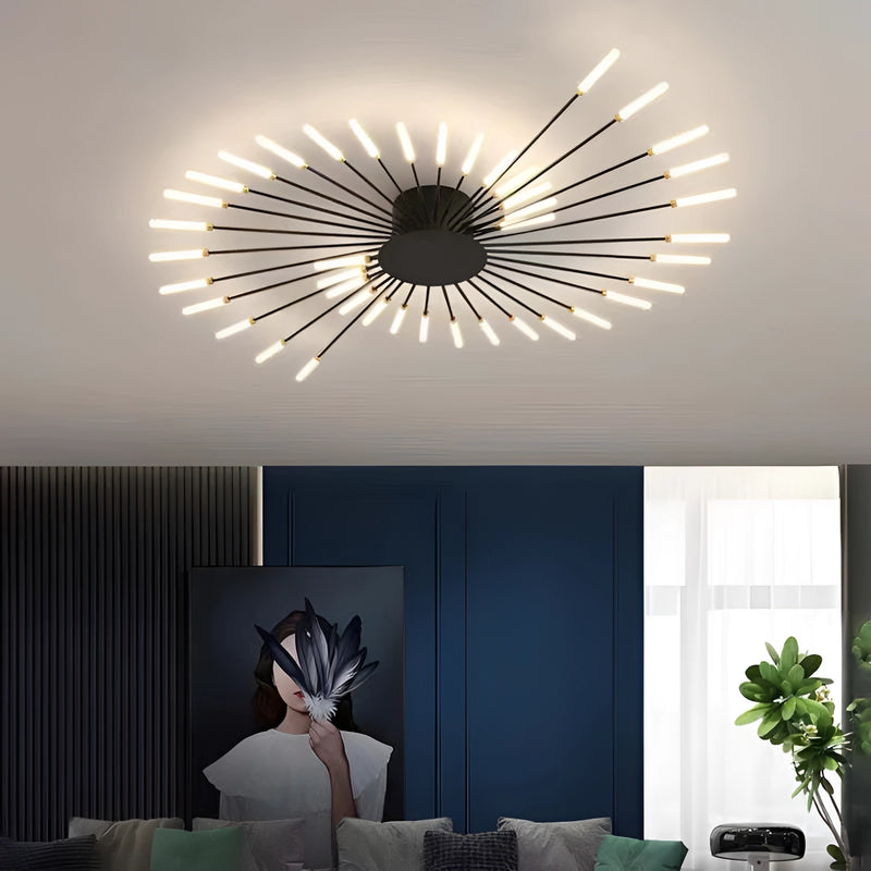 Modern Starburst Wall Art - Mid-Century Black Gold Metal Sculpture hanging on a white wall with natural light streaming through a nearby window, enhancing the interior design.