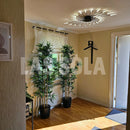 Modern starburst wall art in black and gold metal displayed on wall above wooden floor with houseplant in flowerpot.