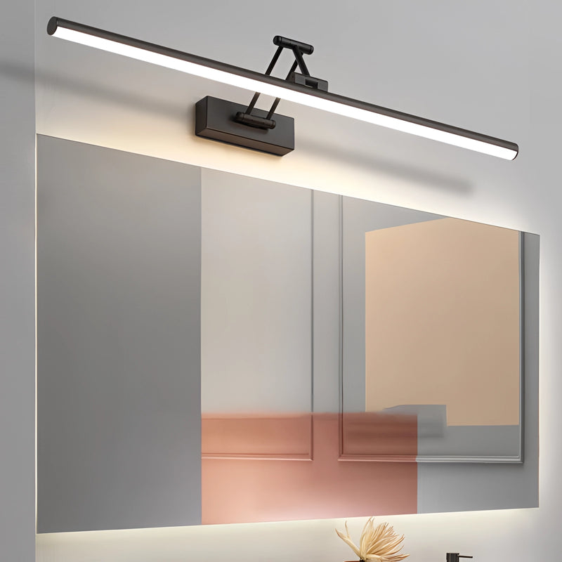 Sleek black dimmable LED picture light, cordless and adjustable, wall-mounted above a wooden frame, emitting cold light.