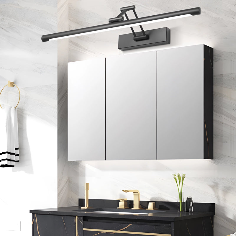 Sleek black dimmable LED picture light, cordless and wall-mounted, illuminating a white wall with a small potted plant on a table below.