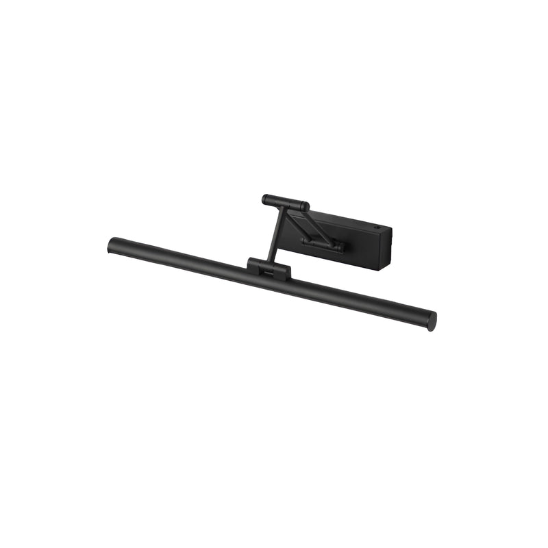 Sleek black dimmable LED picture light, cordless and wall-mounted, with adjustable features displayed against a wooden background.