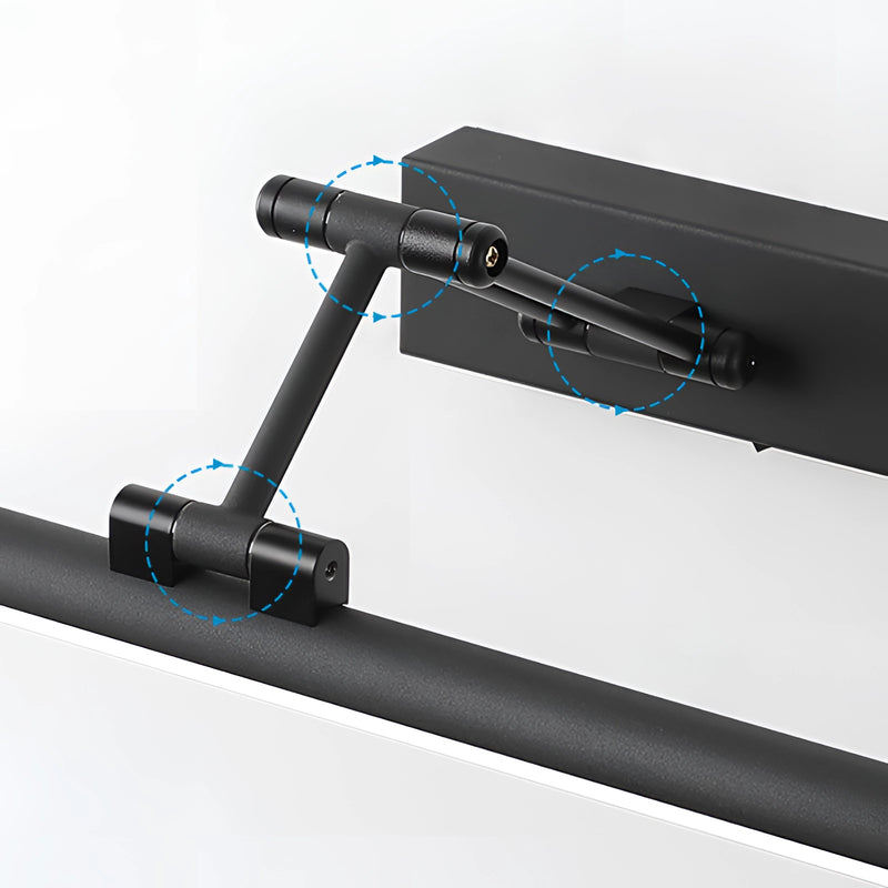 Sleek black dimmable LED picture light, cordless and adjustable, wall-mounted with a metallic finish.