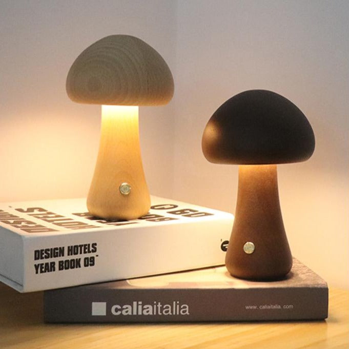 Wood Effect Mushroom Cordless Table Lamp - Long-Lasting and Portable